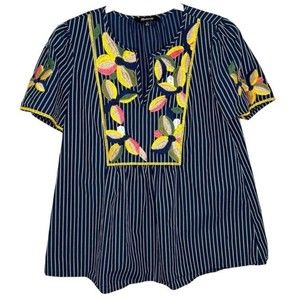 Madewell Fable Top Embroidered Stripe Popover Navy Short Sleeve Cotton XS H7398